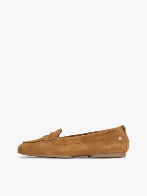 brown th monogram flexible suede loafer ballerinas for women tommy hilfiger
