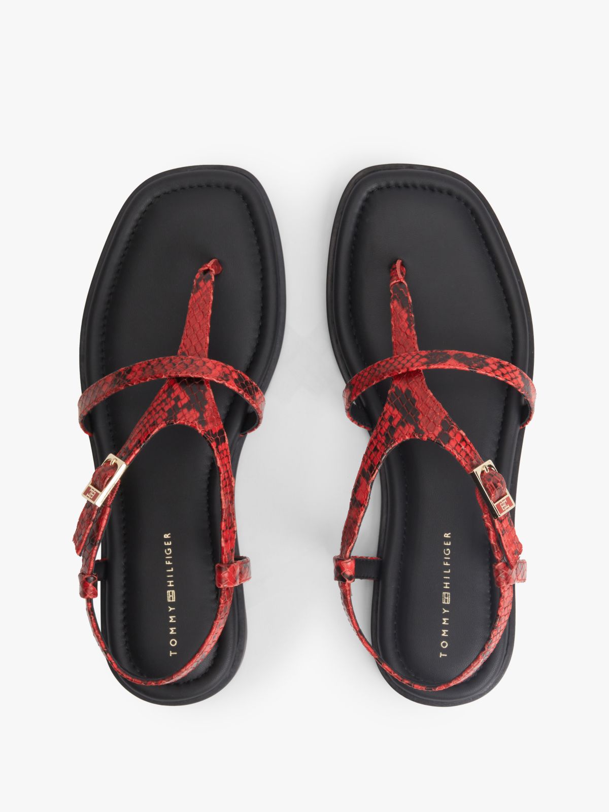 Leather Strap Snake Print Toe Post Sandals — Red