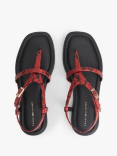 Leather Strap Snake Print Toe Post Sandals — Red 3