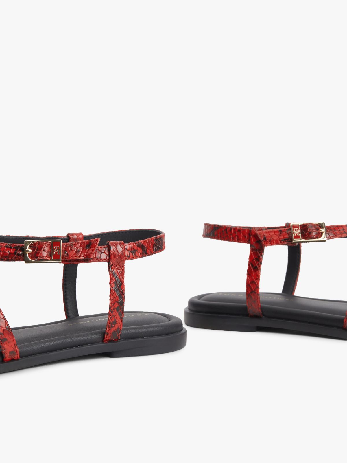 Leather Strap Snake Print Toe Post Sandals — Red