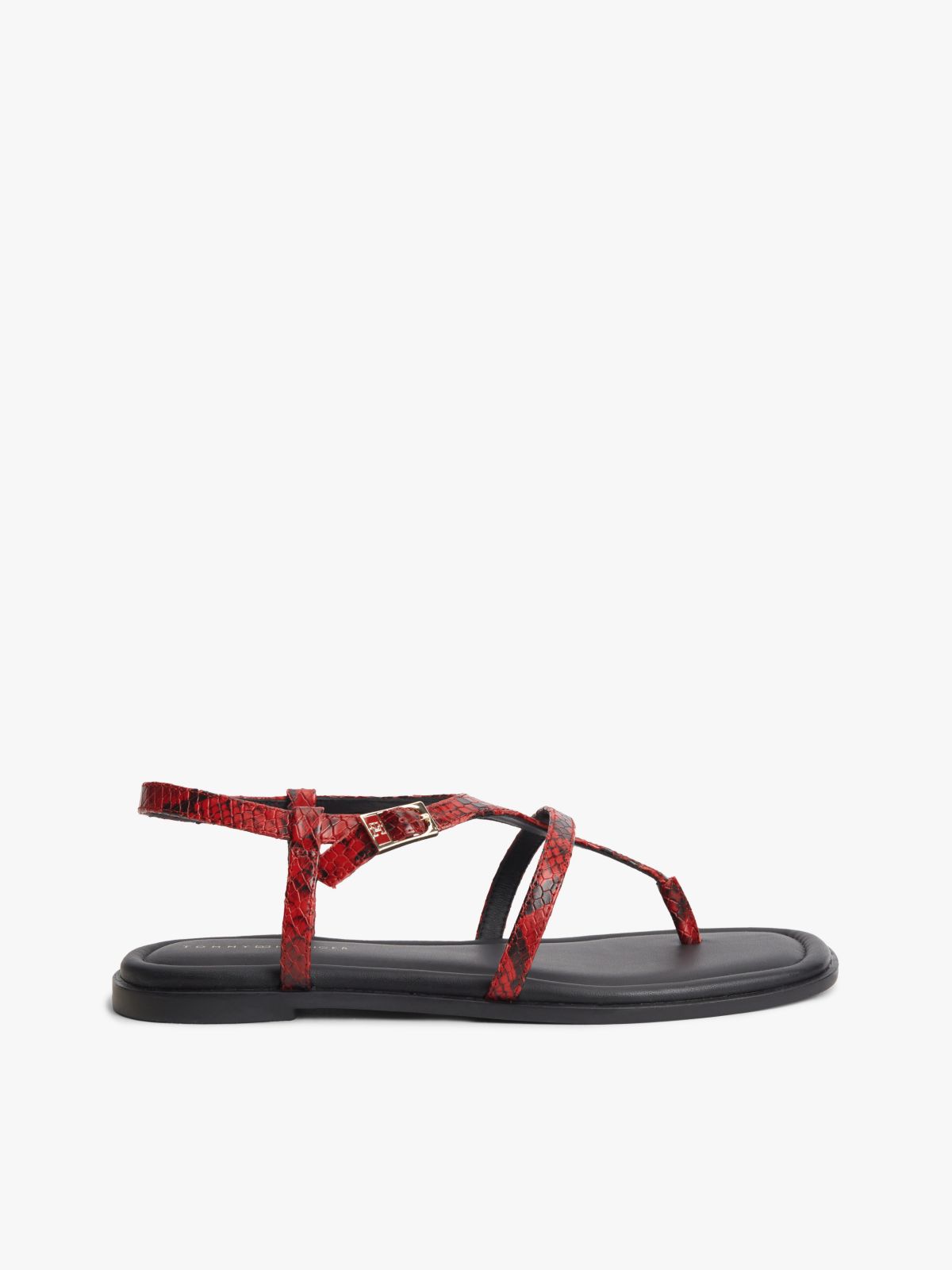 Leather Strap Snake Print Toe Post Sandals — Red