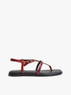 Leather Strap Snake Print Toe Post Sandals — Red 1