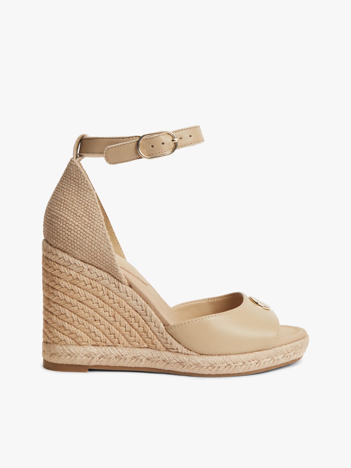 Logo Plaque Leather Wedge Heel Espadrilles — Beige