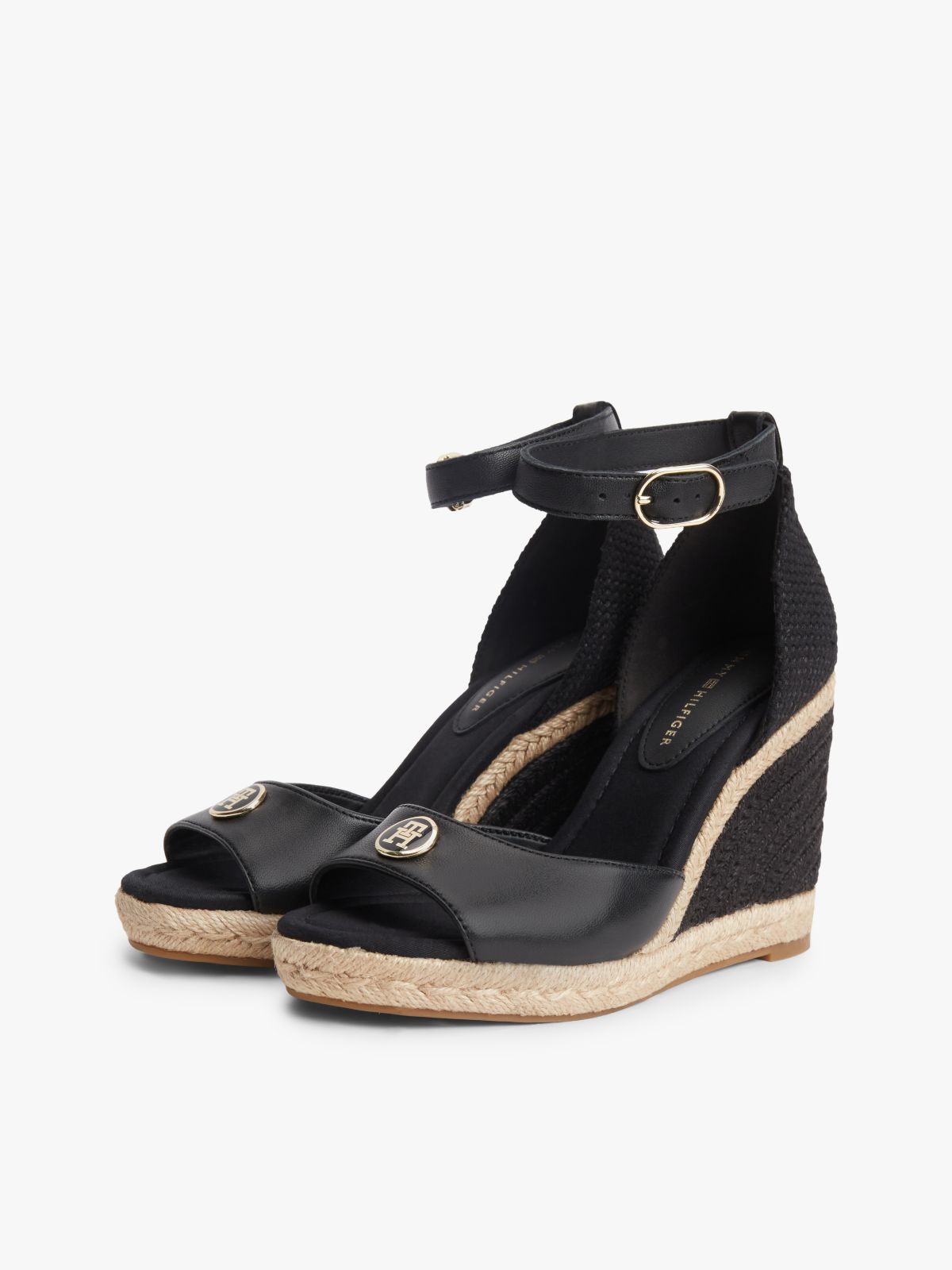 Logo Plaque Leather Wedge Heel Espadrilles — Black