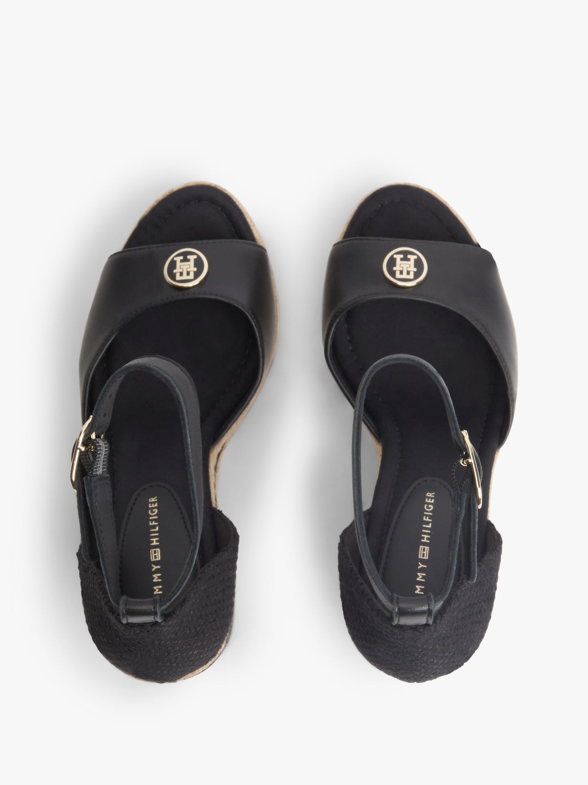 Logo Plaque Leather Wedge Heel Espadrilles — Black