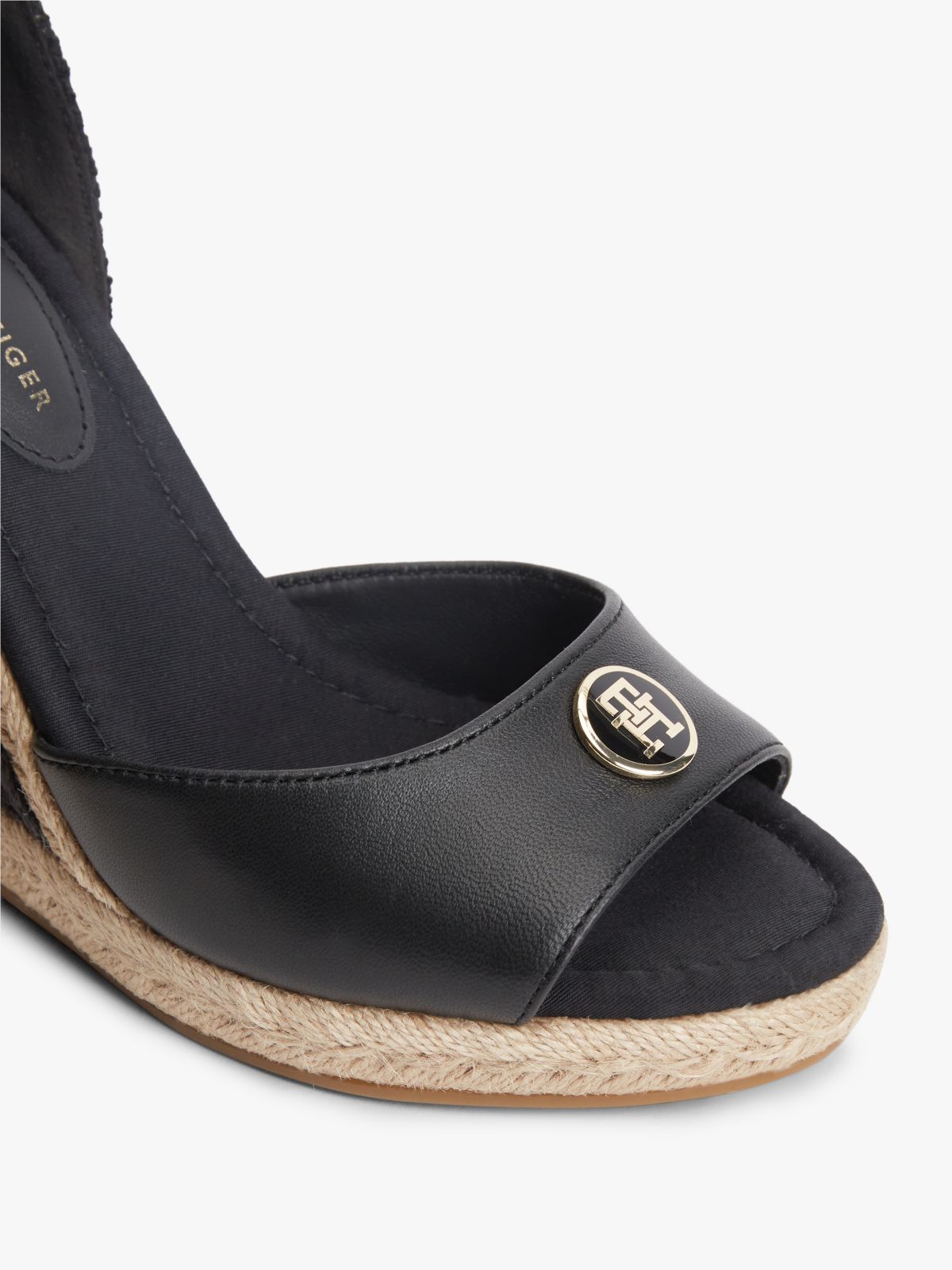 Logo Plaque Leather Wedge Heel Espadrilles — Black