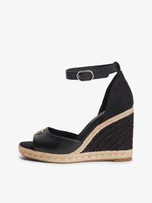 schwarz leder-espadrille mit keilabsatz und logo-emblem für damen - tommy hilfiger