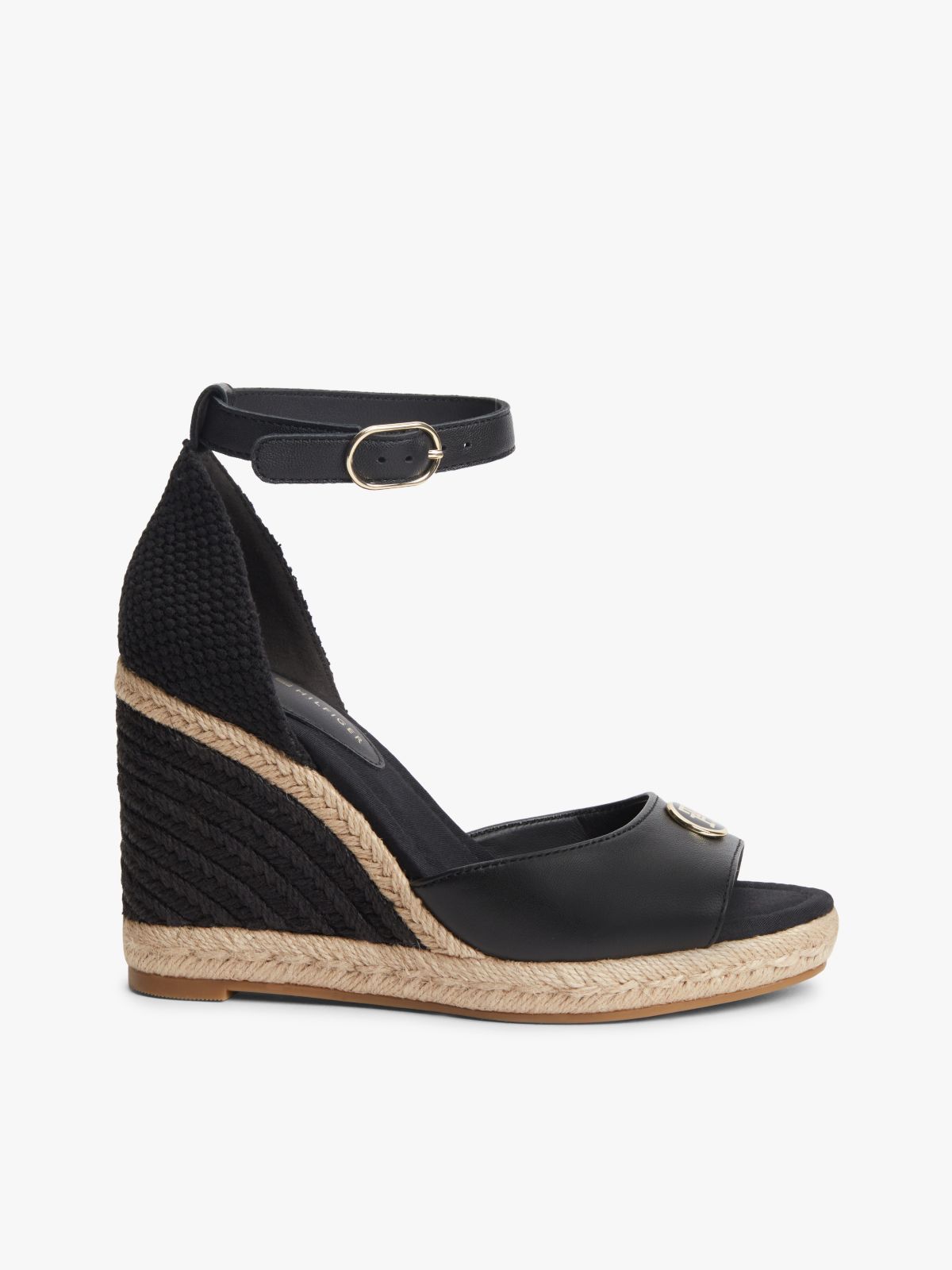Logo Plaque Leather Wedge Heel Espadrilles — Black
