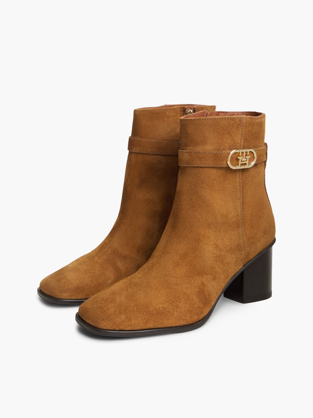 Suede Buckle Strap Block Heel Ankle Boots — Brown