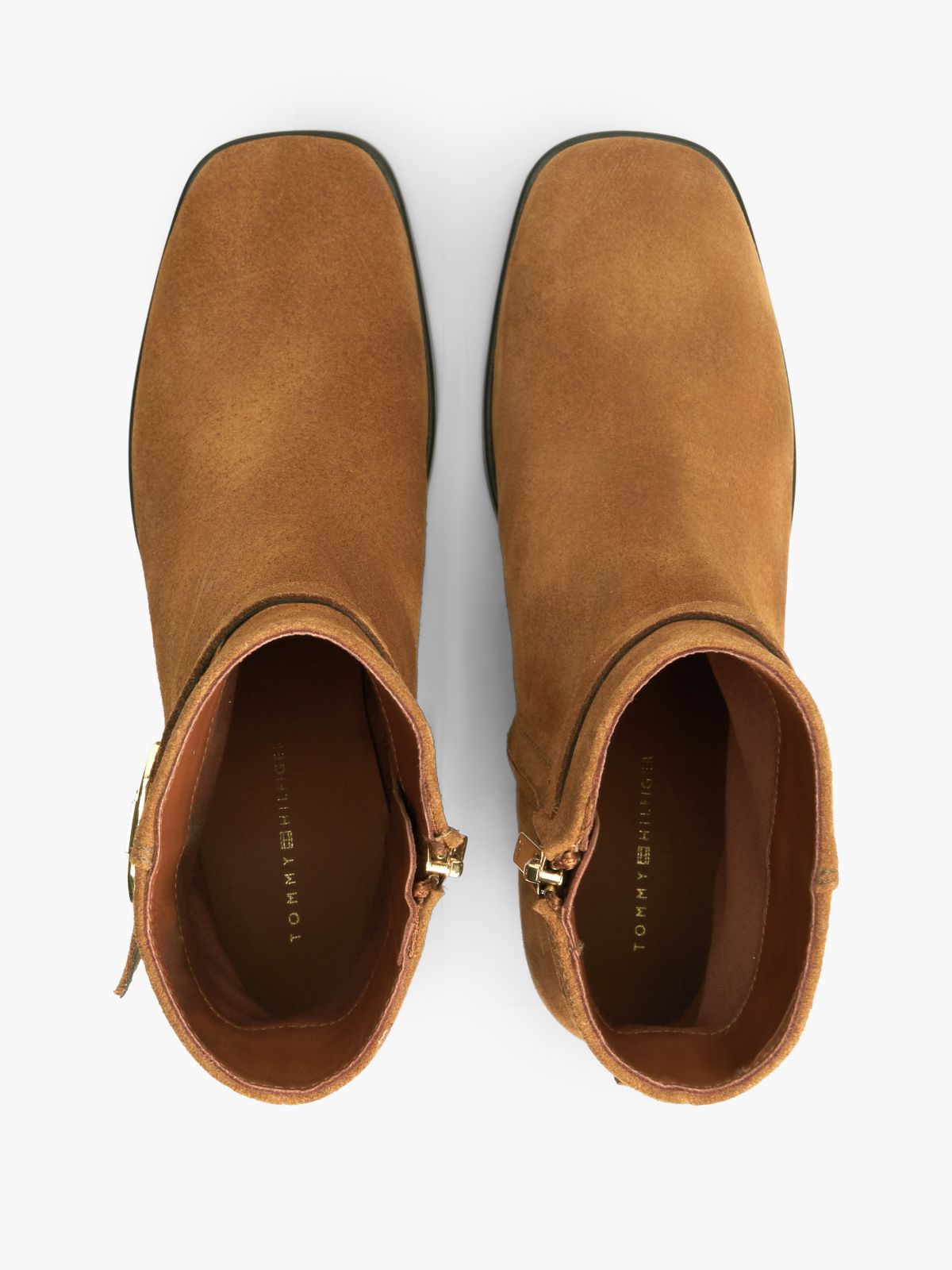 Suede Buckle Strap Block Heel Ankle Boots — Brown