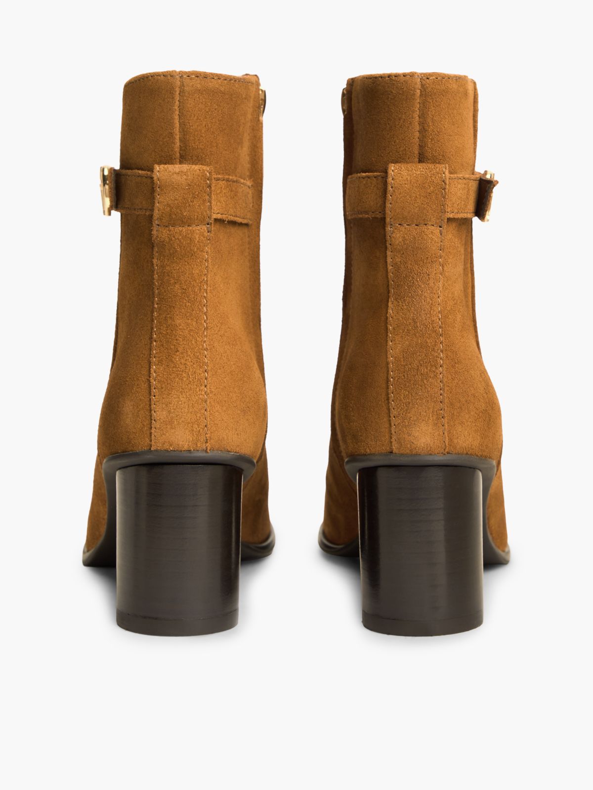 Suede Buckle Strap Block Heel Ankle Boots — Brown