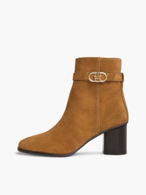 brown suede buckle strap block heel ankle boots for women tommy hilfiger