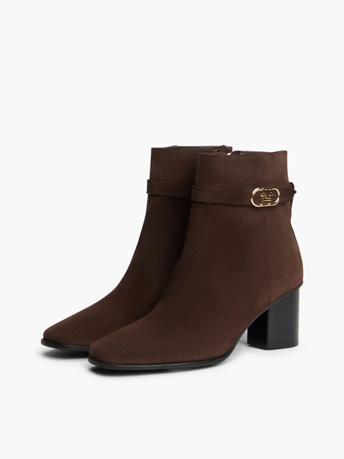 Suede Buckle Strap Block Heel Ankle Boots — Brown