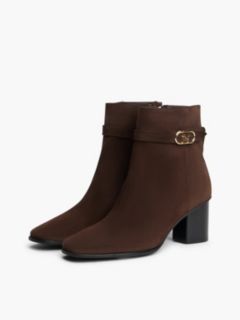 Suede Buckle Strap Block Heel Ankle Boots — Brown 2