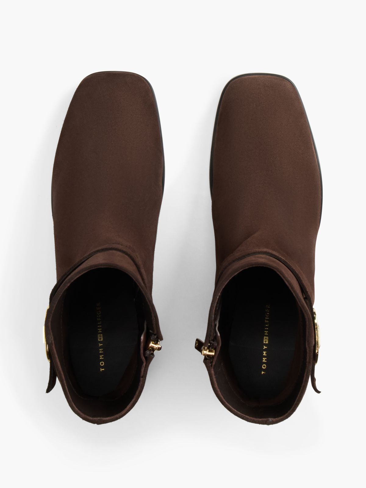 Suede Buckle Strap Block Heel Ankle Boots — Brown