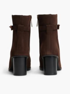Suede Buckle Strap Block Heel Ankle Boots — Brown 4