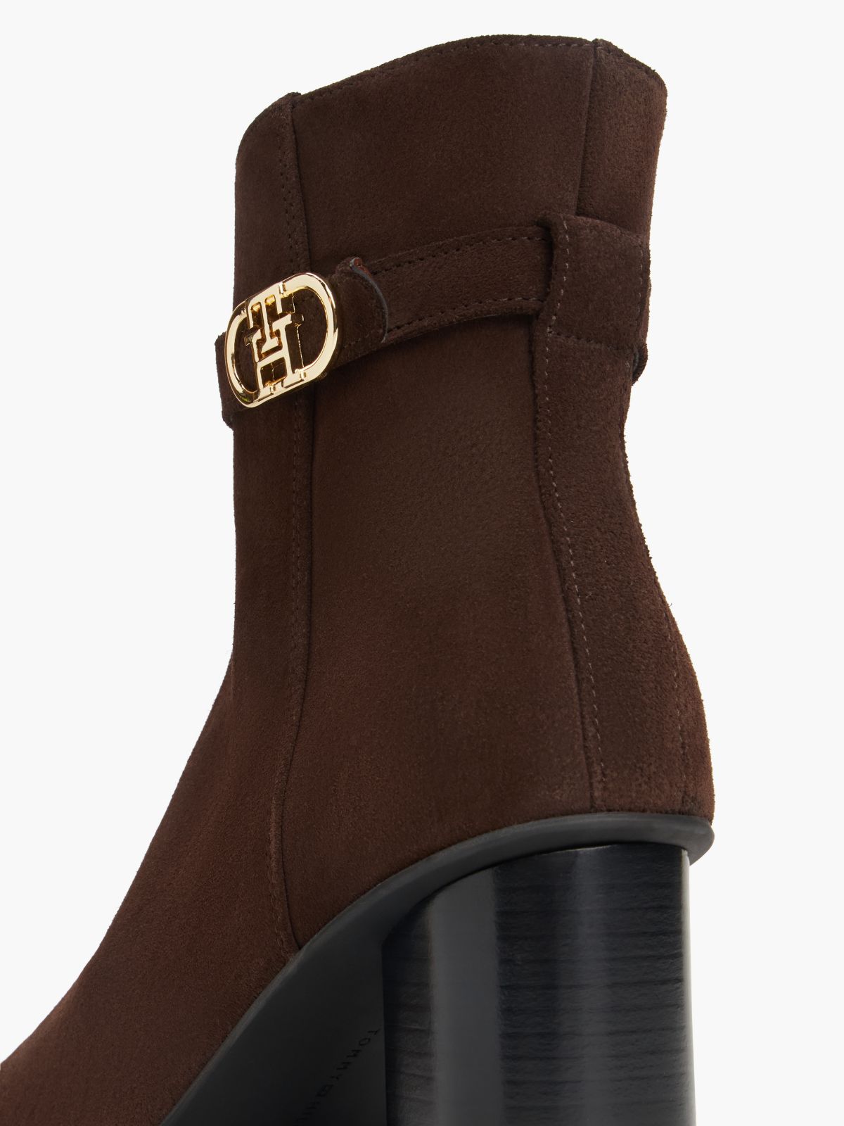 Suede Buckle Strap Block Heel Ankle Boots — Brown