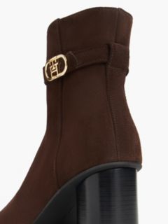 Suede Buckle Strap Block Heel Ankle Boots — Brown 6