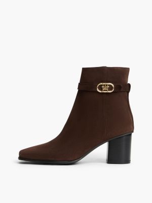 brown suede buckle strap block heel ankle boots for women tommy hilfiger