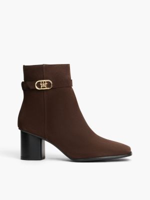 brown suede buckle strap block heel ankle boots for women tommy hilfiger