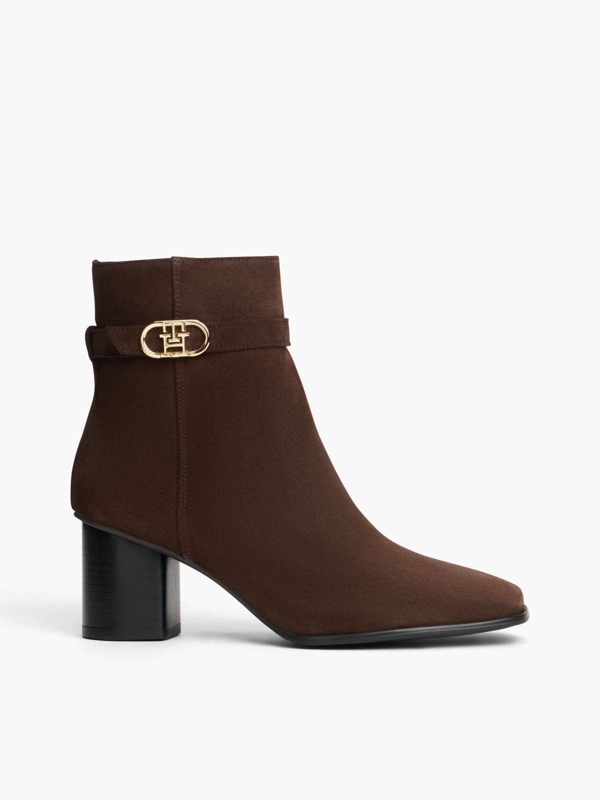 Suede Buckle Strap Block Heel Ankle Boots — Brown