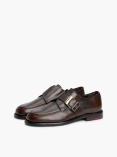 New York Label Leather Buckle Moc Toe Loafers — Brown 2