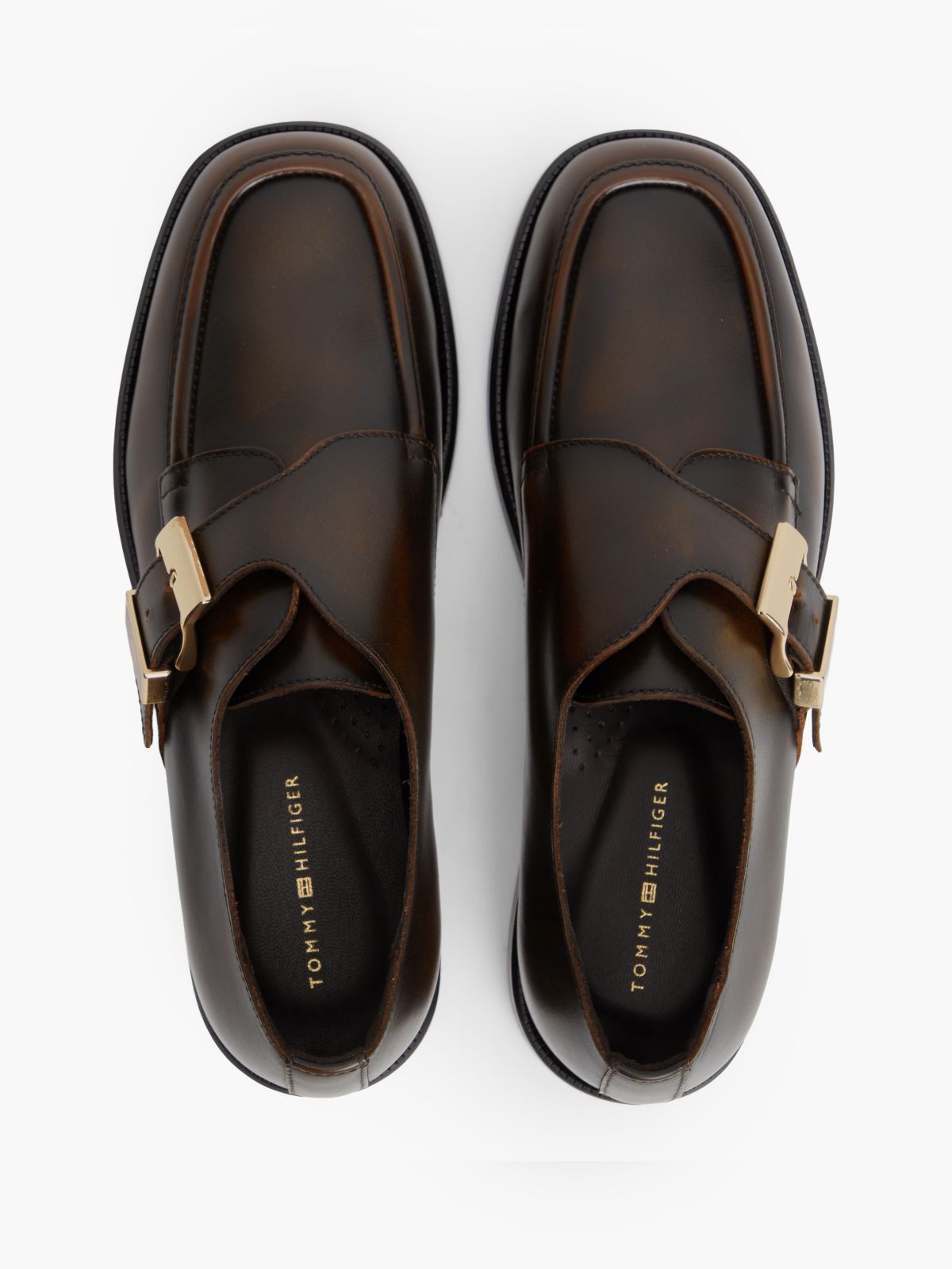 New York Label Leather Buckle Moc Toe Loafers — Brown