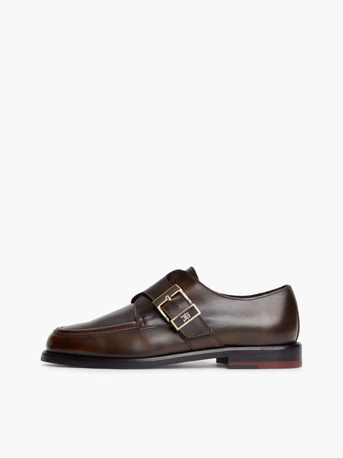 New York Label Leather Buckle Moc Toe Loafers — Brown