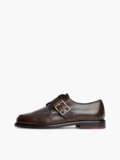 New York Label Leather Buckle Moc Toe Loafers — Brown 7