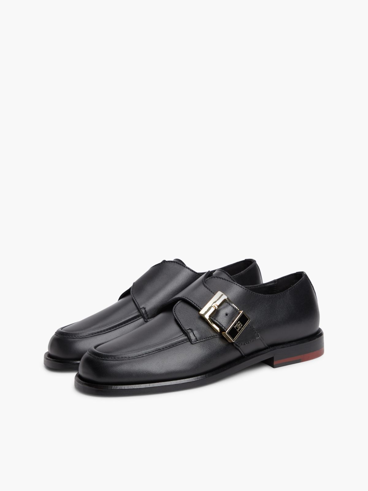 New York Label Leather Buckle Moc Toe Loafers — Black