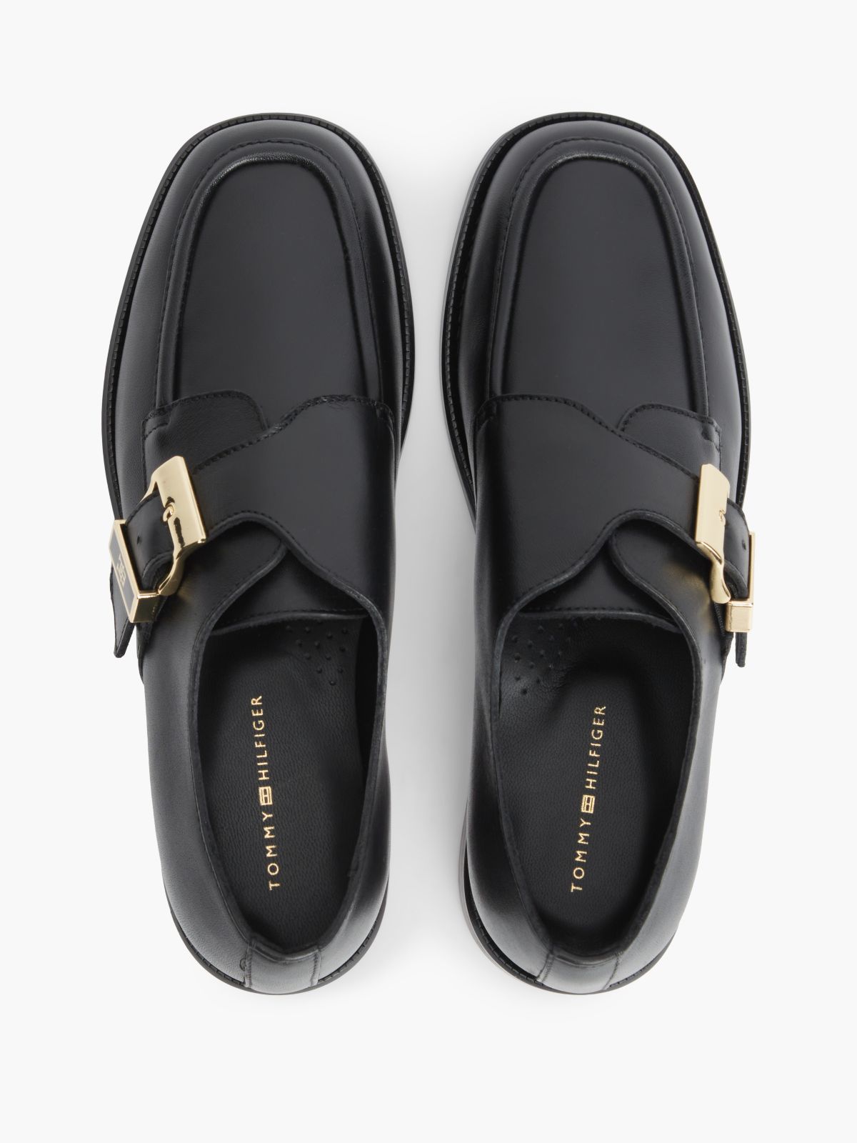 New York Label Leather Buckle Moc Toe Loafers — Black