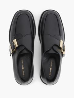 New York Label Leather Buckle Moc Toe Loafers — Black 3