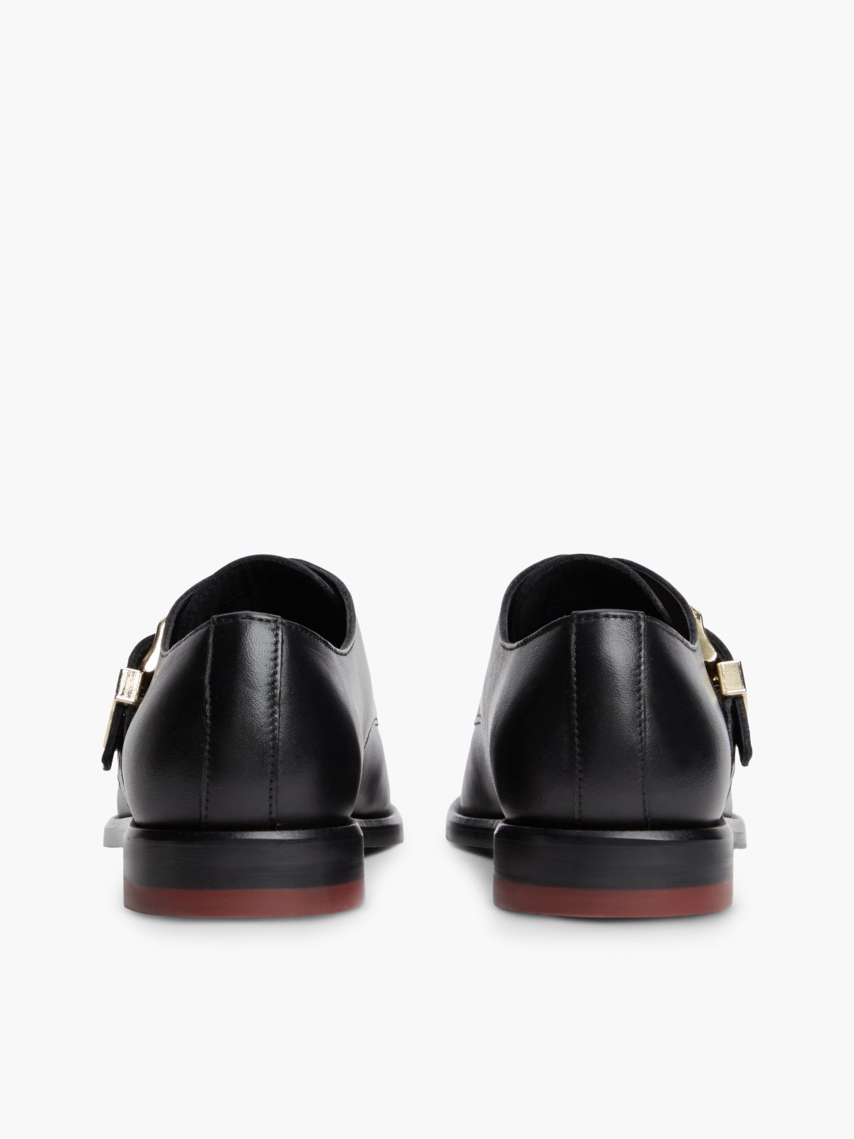 New York Label Leather Buckle Moc Toe Loafers — Black
