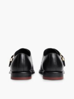 New York Label Leather Buckle Moc Toe Loafers — Black 4