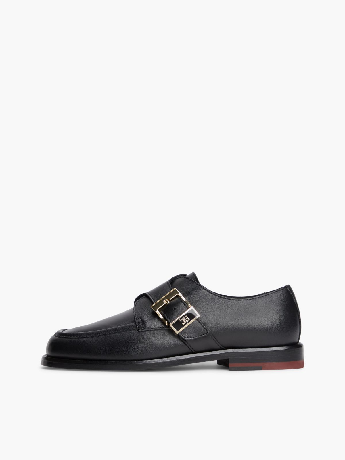 New York Label Leather Buckle Moc Toe Loafers — Black