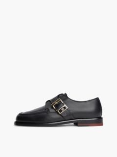 New York Label Leather Buckle Moc Toe Loafers — Black 7