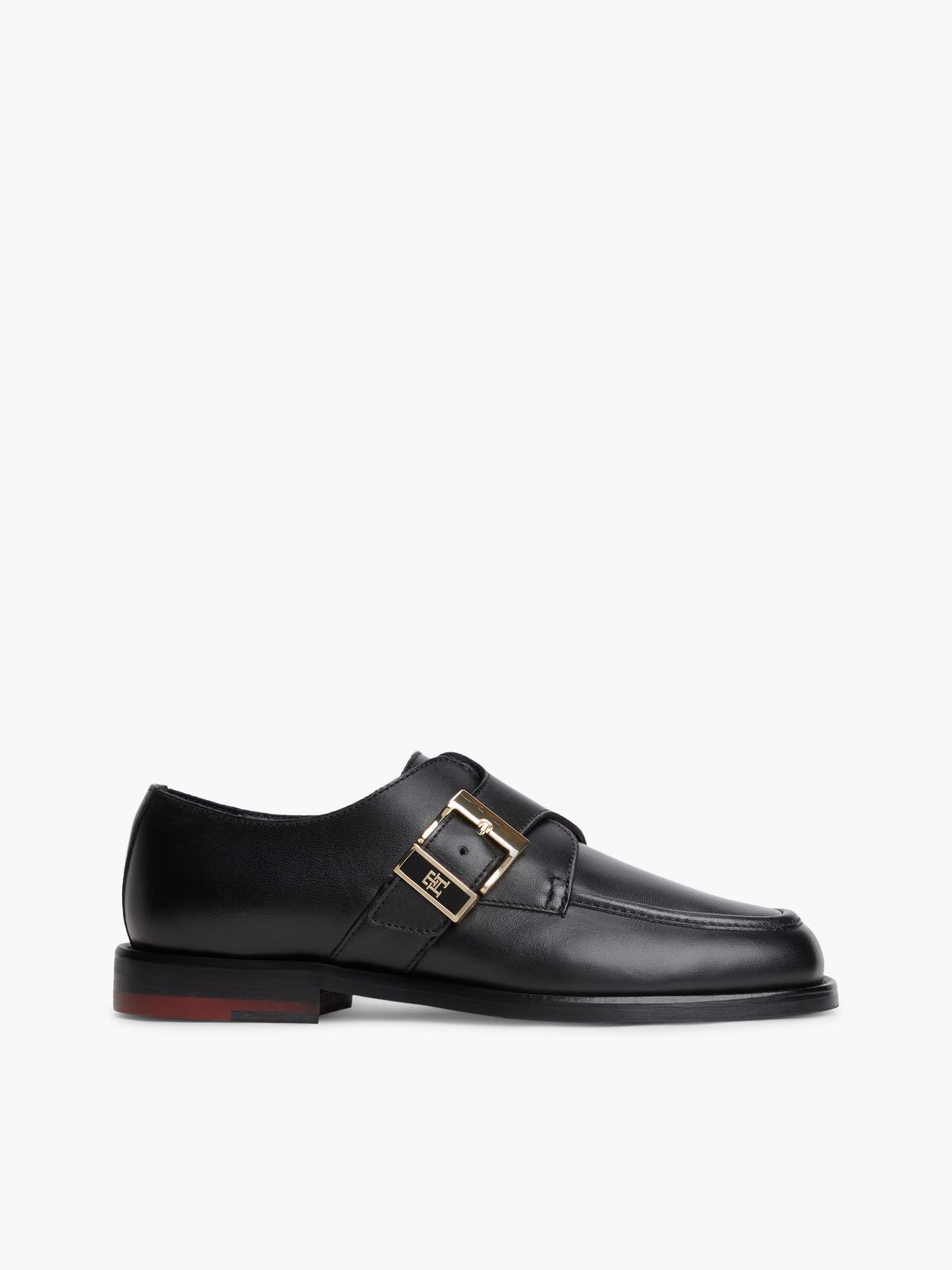 New York Label Leather Buckle Moc Toe Loafers — Black
