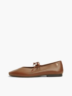 brown th monogram leather lace-up ballerinas for women tommy hilfiger