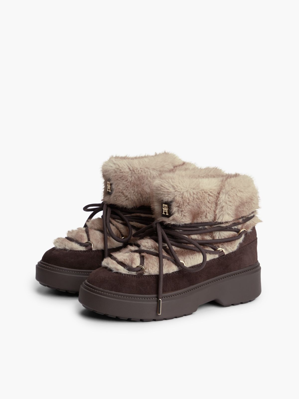 Faux Fur Water Resistant Suede Snow Boots — Brown