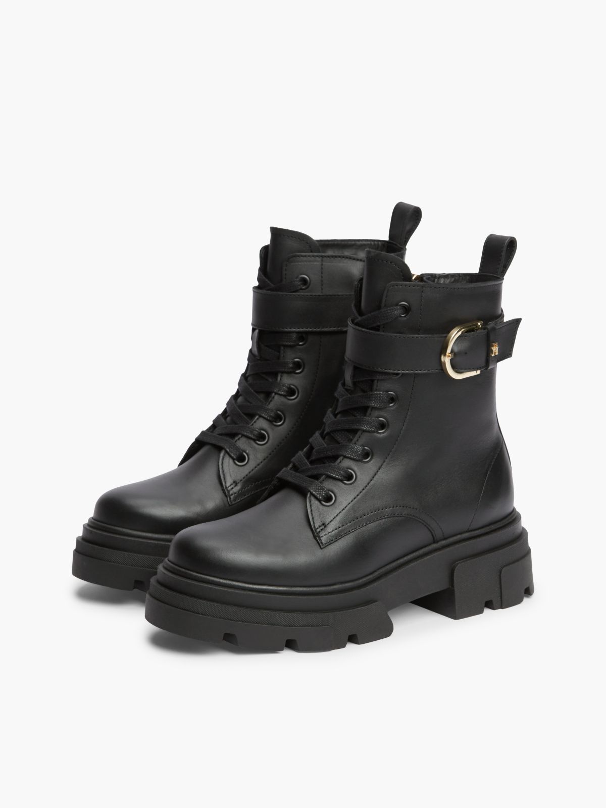 Waterproof Leather Chunky Lace-Up Boots — Black