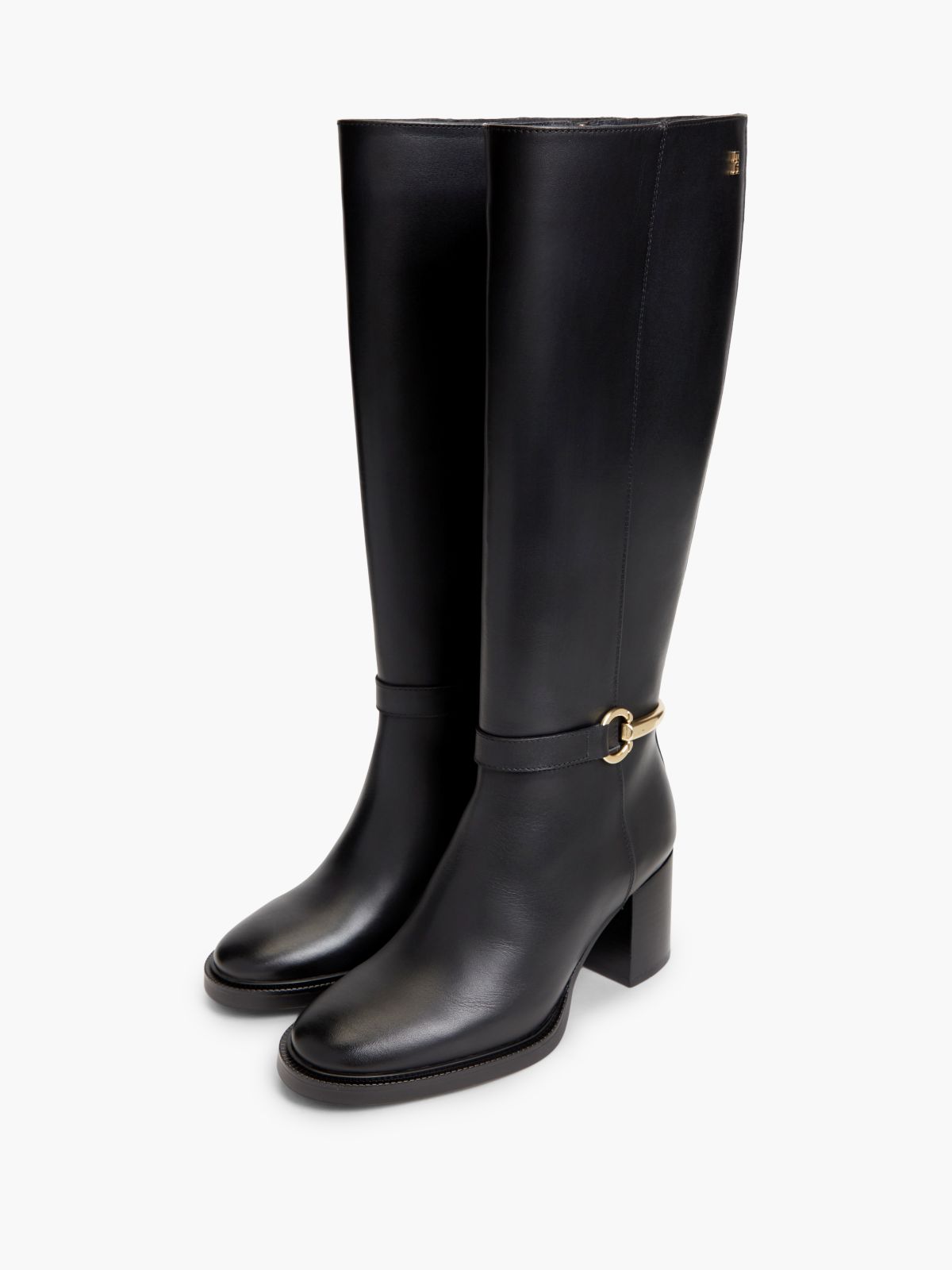 Leather Block Heel Riding Boots — Black