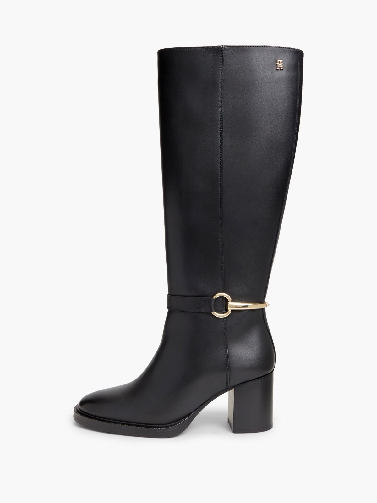 Leather Block Heel Riding Boots — Black