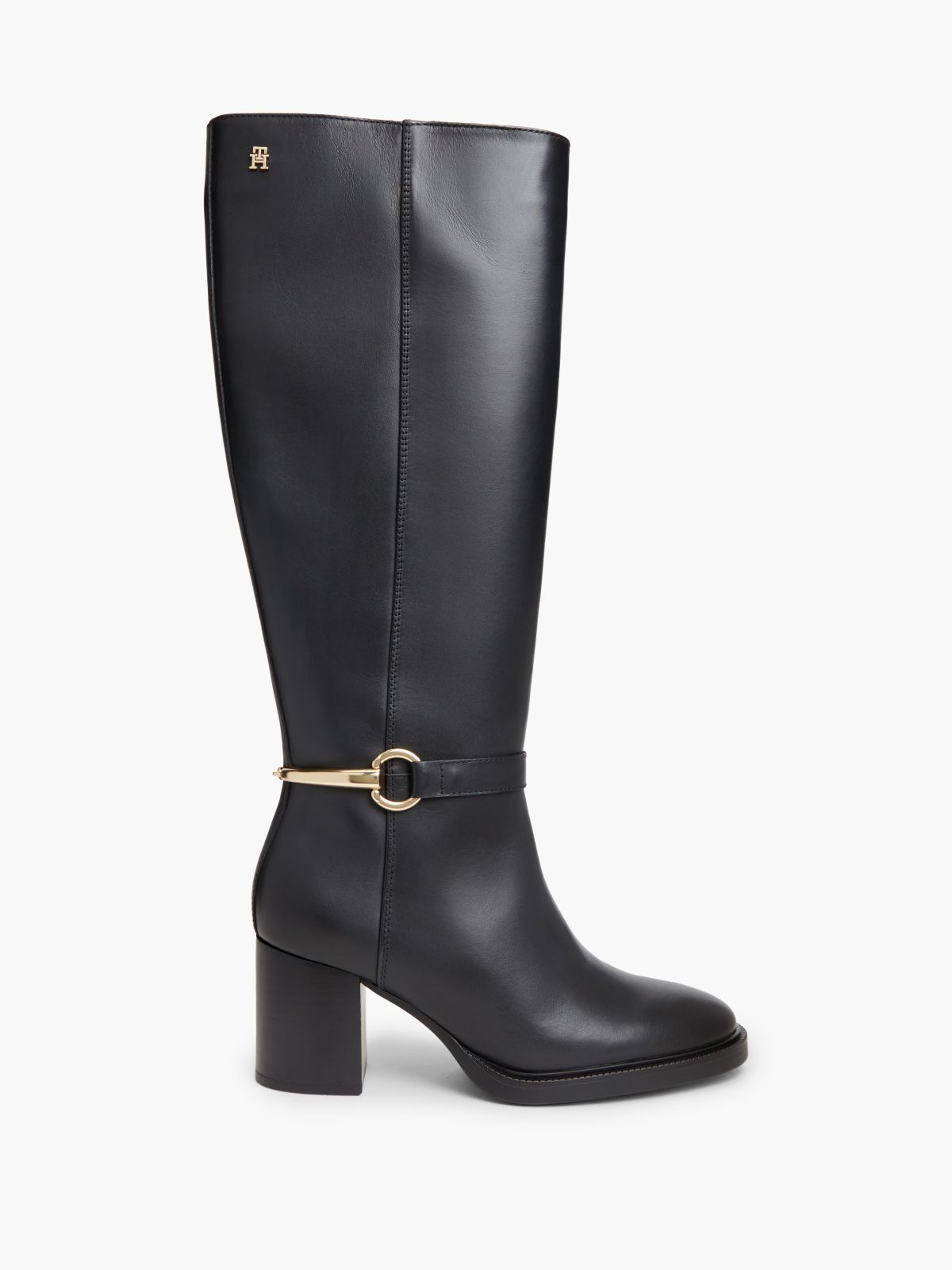 Leather Block Heel Riding Boots — Black