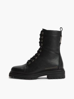 black pebble grain leather cleat lace-up boots for women tommy hilfiger