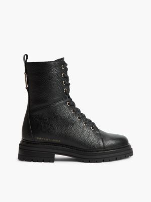 black pebble grain leather cleat lace-up boots for women tommy hilfiger