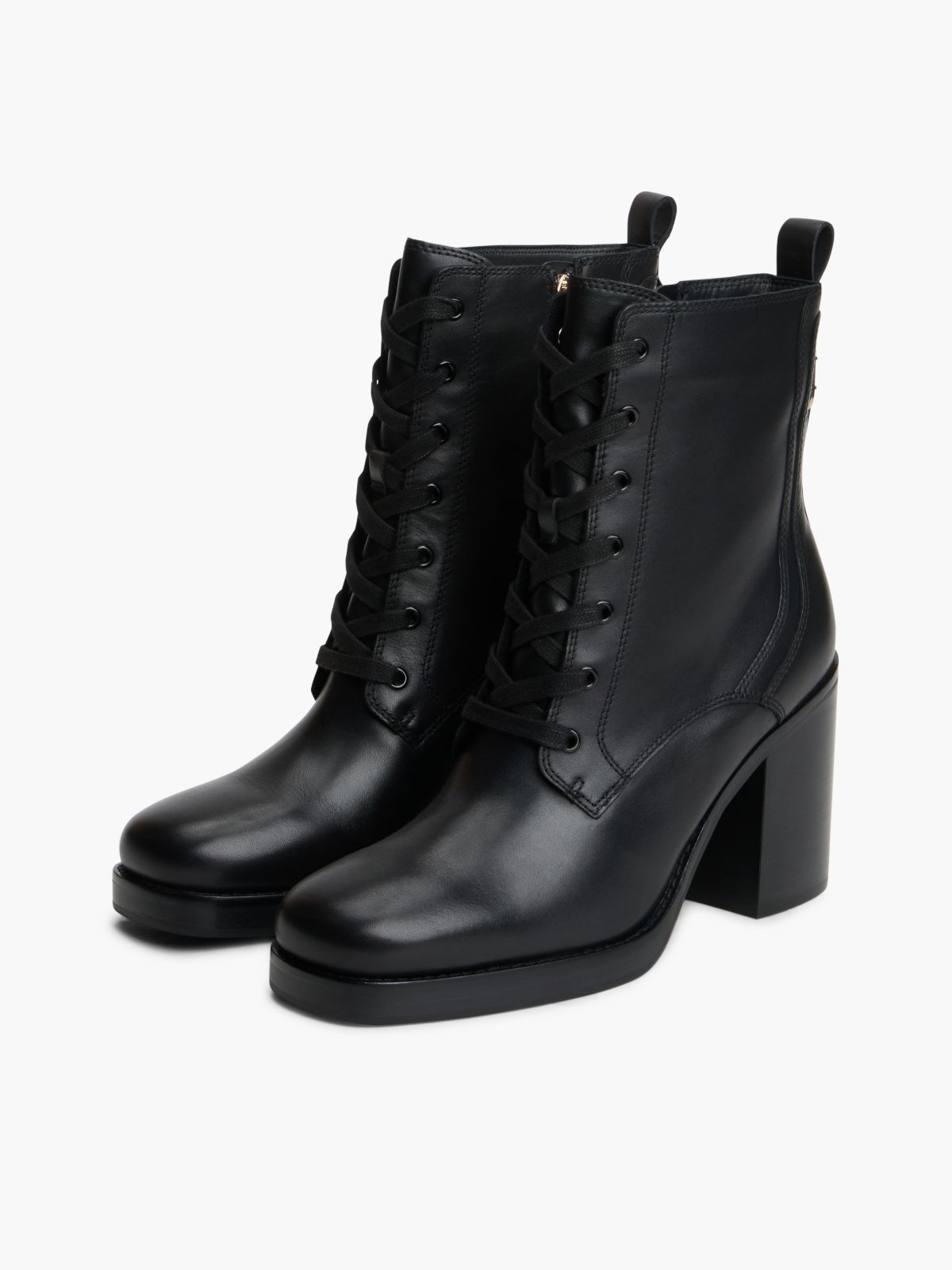Leather Square Toe Lace-Up Boots — Black