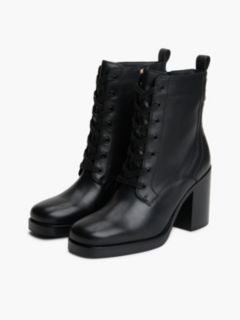 Leather Square Toe Lace-Up Boots — Black 2