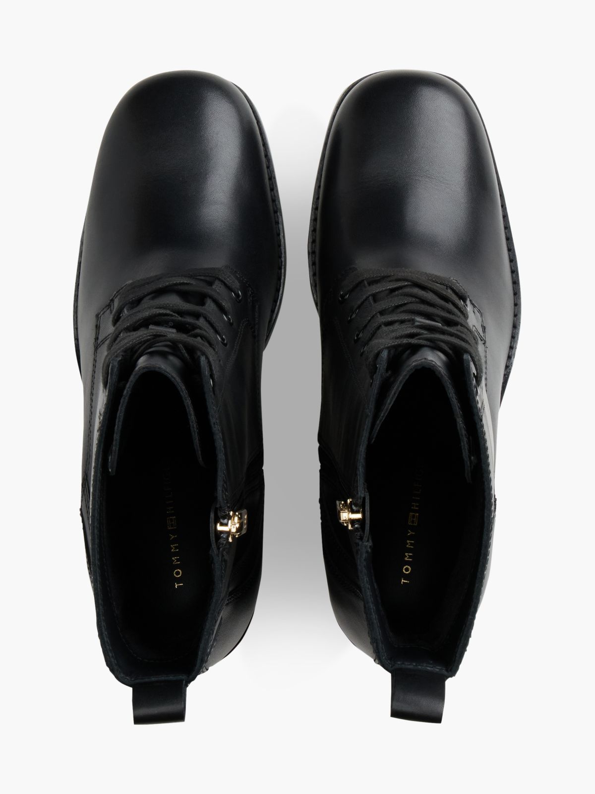 Leather Square Toe Lace-Up Boots — Black