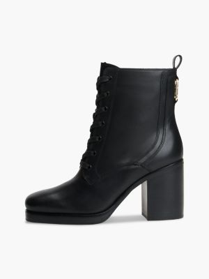 bottines en cuir à lacets et bout carré noir pour femmes tommy hilfiger