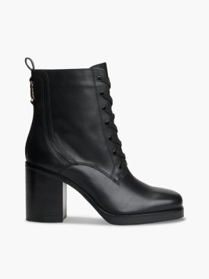 bottines en cuir à lacets et bout carré black pour femmes tommy hilfiger